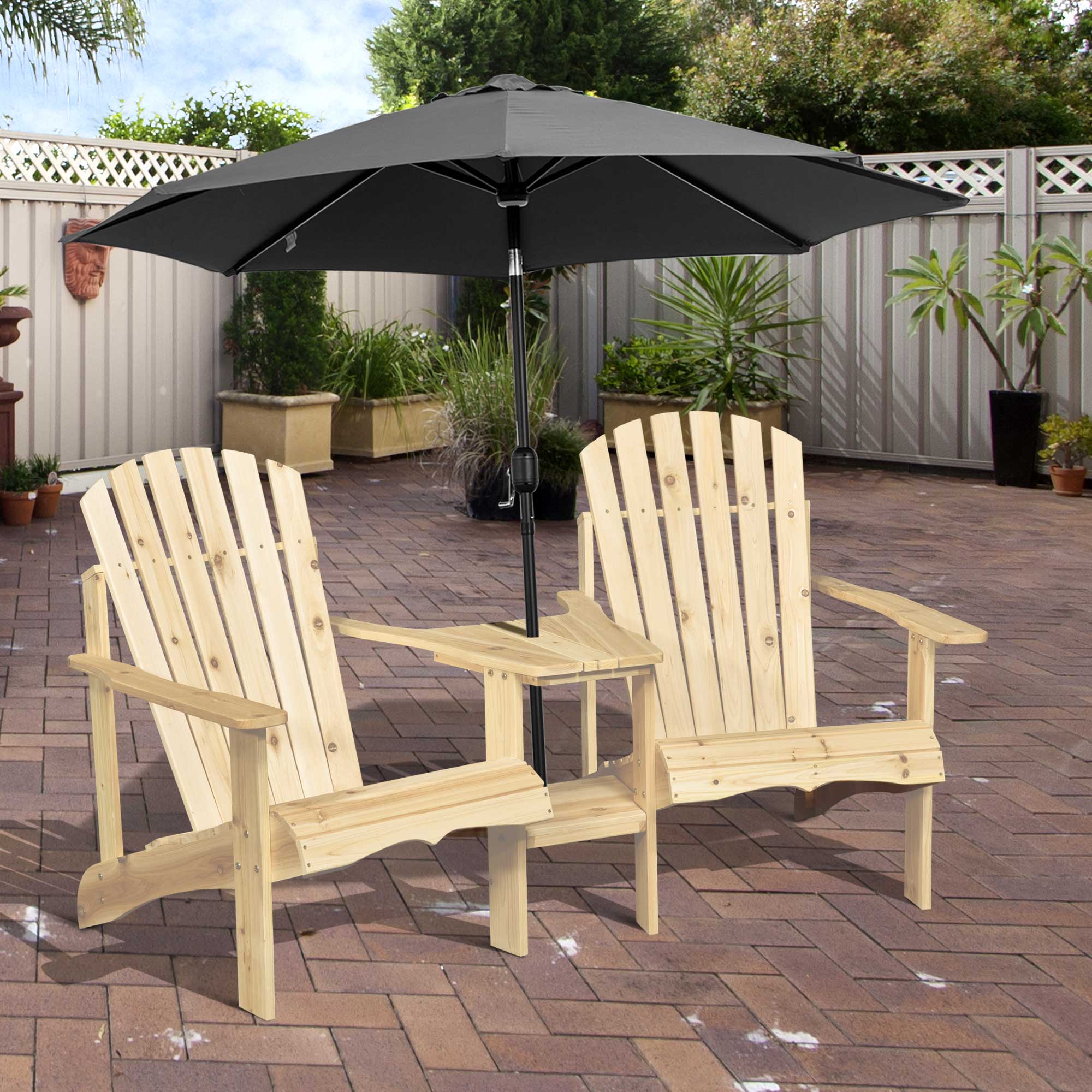 Fire Pit Seating, 2 Wooden Adirondack Chairs with Outdoor Table & Umbrella Hole, Wood 2 Person Adirondack Bench