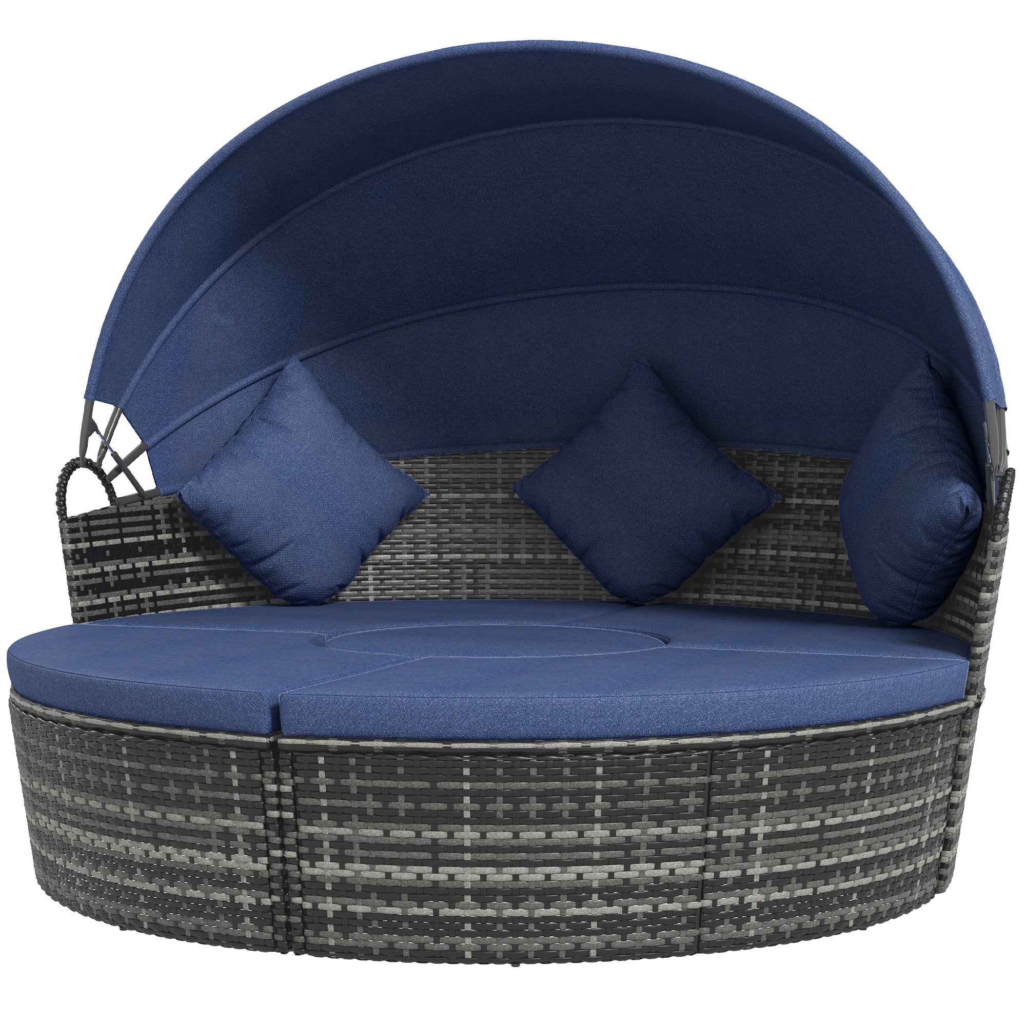 4-Piece Round Convertible Daybed with Cushions, Outdoor PE Rattan Patio Wicker Sofa Set, Sunbed with Adjustable Sun Canopy, Sectional Sofa, 2 Chairs, Table, 3 Pillows