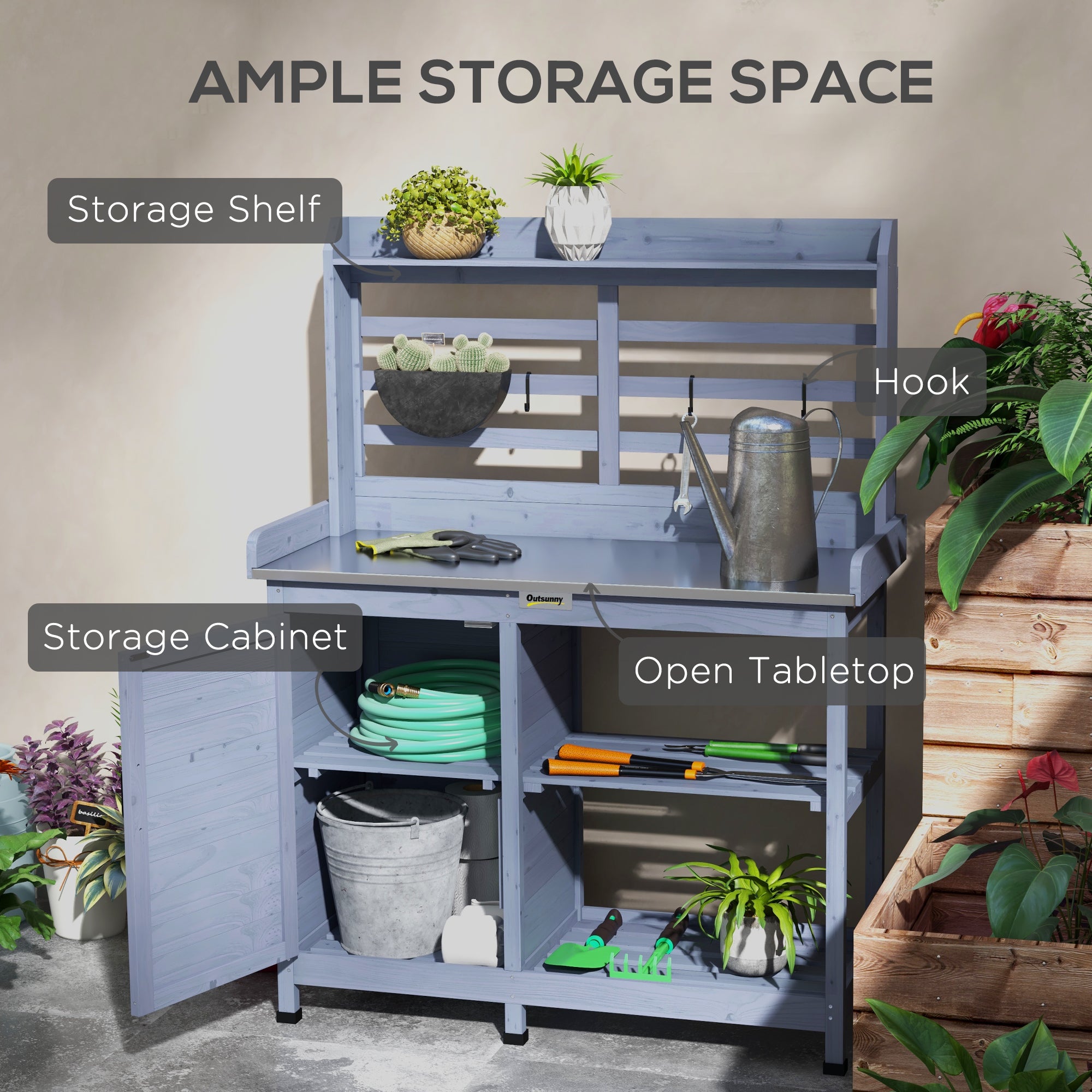 Wooden Potting Bench with Storage, Aluminum Tabletop for Backyard, Patio, Balcony