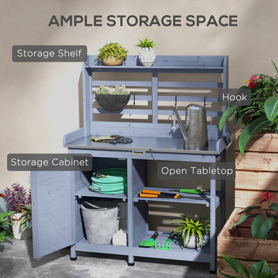 Wooden Potting Bench with Storage, Aluminum Tabletop for Backyard, Patio, Balcony