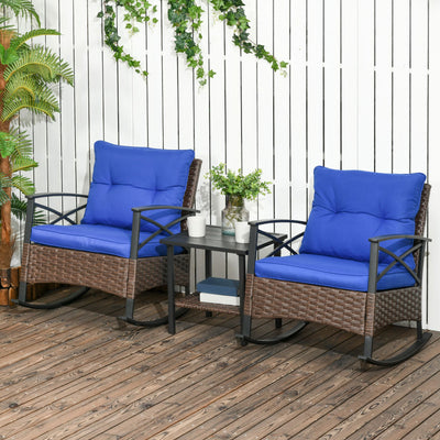3 Piece Patio Rocking Chair Set, Outdoor Wicker Bistro Set with 2 Oversize Cushioned Porch Rockers and 2 Tier Coffee Table for Garden, Backyard