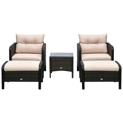 5 Pieces Rattan Wicker Lounge Chair Outdoor Patio Conversation Set with 2 Cushioned Chairs, 2 Ottomans and Tempered Glass Top Coffee Table