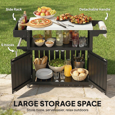 Outdoor Bar Cart with Storage, Stainless Steel Outdoor Bar Table Top, Wheeled HDPE Kitchen Island for Food Prep