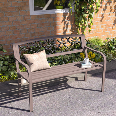 50" Outdoor Bench, Metal Garden Bench with Floral Pattern Backrest, Porch Bench with Slatted Seat for Park, Yard, Lawn, Brown