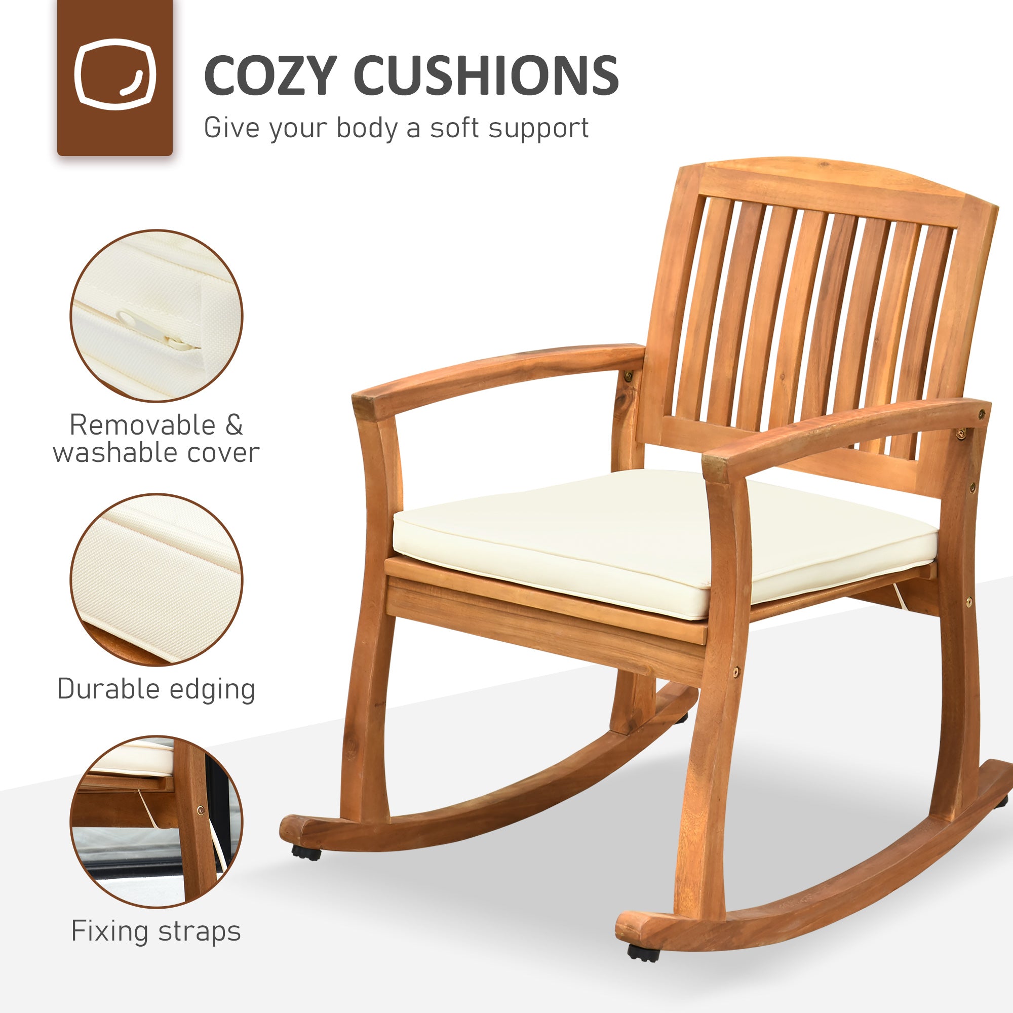 Outdoor Rocking Chair with Cushion, Acacia Wood Patio Rocker for Backyard, Patio, Home, Teak Tone