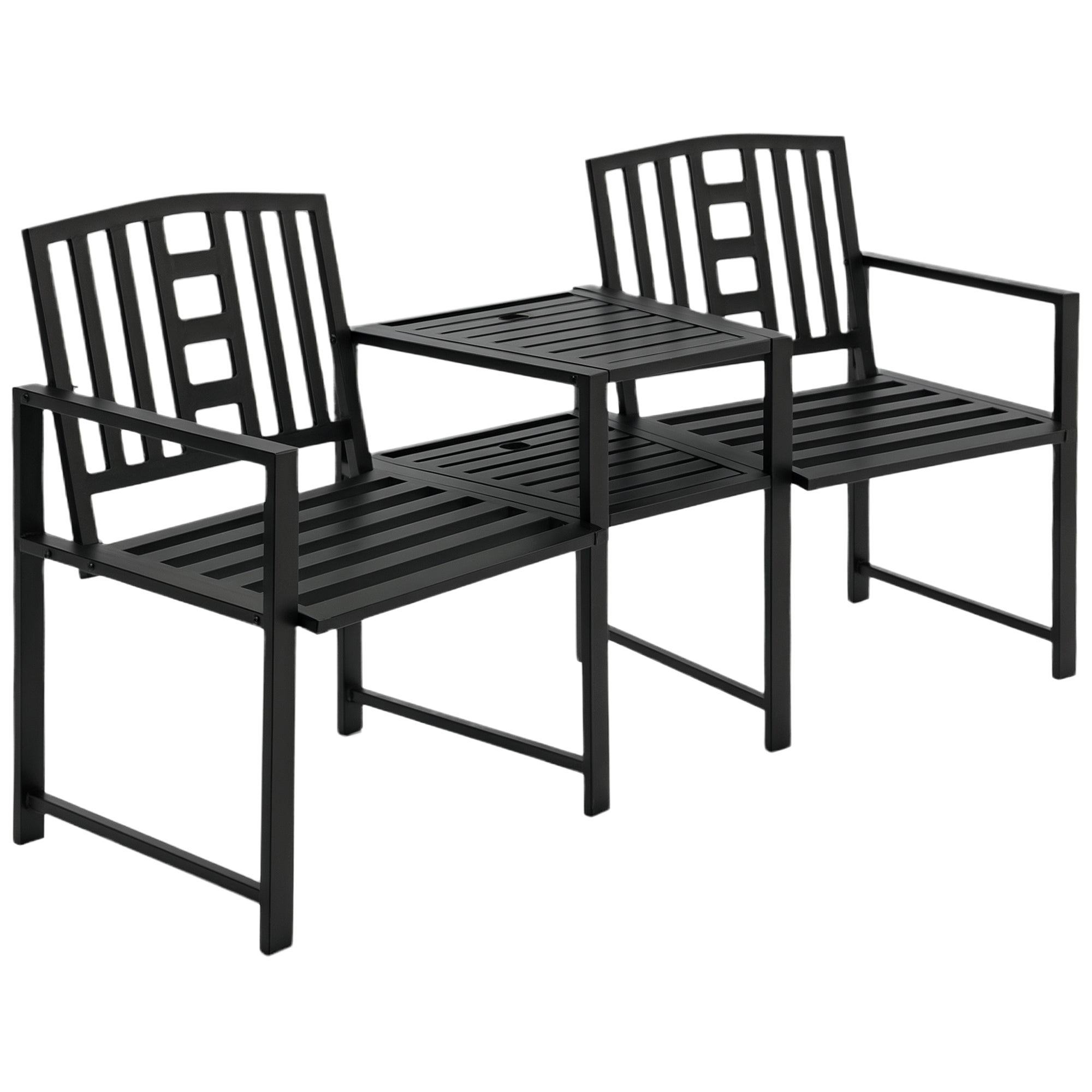 Metal Garden Bench with Middle Table and Umbrella Hole, 2-in-1 Double Patio Chairs, Outdoor 2-person Tete-a-Tete, Slatted, Black