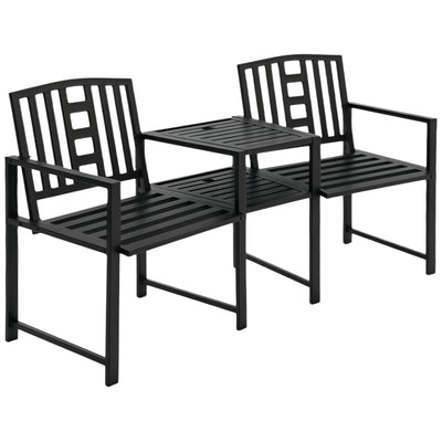 Metal Garden Bench with Middle Table and Umbrella Hole, 2-in-1 Double Patio Chairs, Outdoor 2-person Tete-a-Tete, Slatted, Black