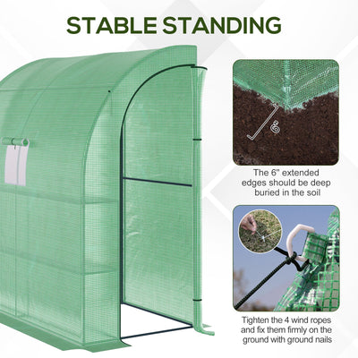 7' x 3' x 7' Lean to Greenhouse, Walk-In Green House, Plant Nursery with 2 Roll-up Doors and Windows, PE Cover and 3 Wire Shelves, Green