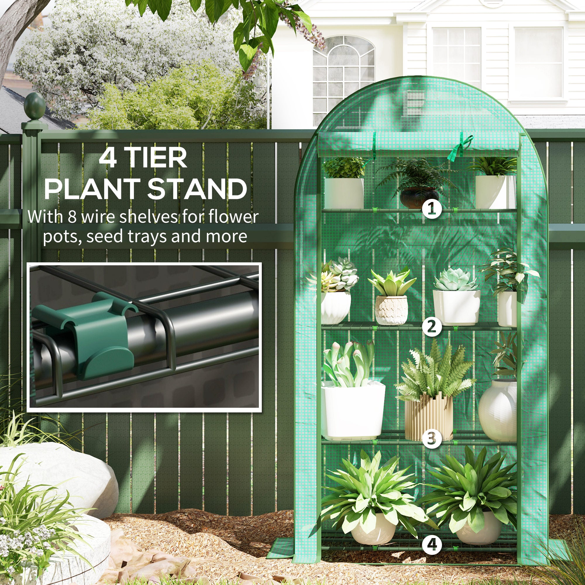 Mini Greenhouse, Portable Greenhouse with 4 Tier Shelves, Roll-Up Door, and Plastic Cover, 41.3" x 17.7" x 63", Green
