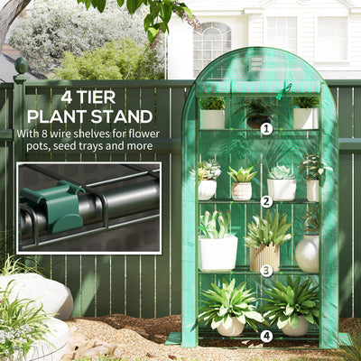 Mini Greenhouse, Portable Greenhouse with 4 Tier Shelves, Roll-Up Door, and Plastic Cover, 41.3" x 17.7" x 63", Green
