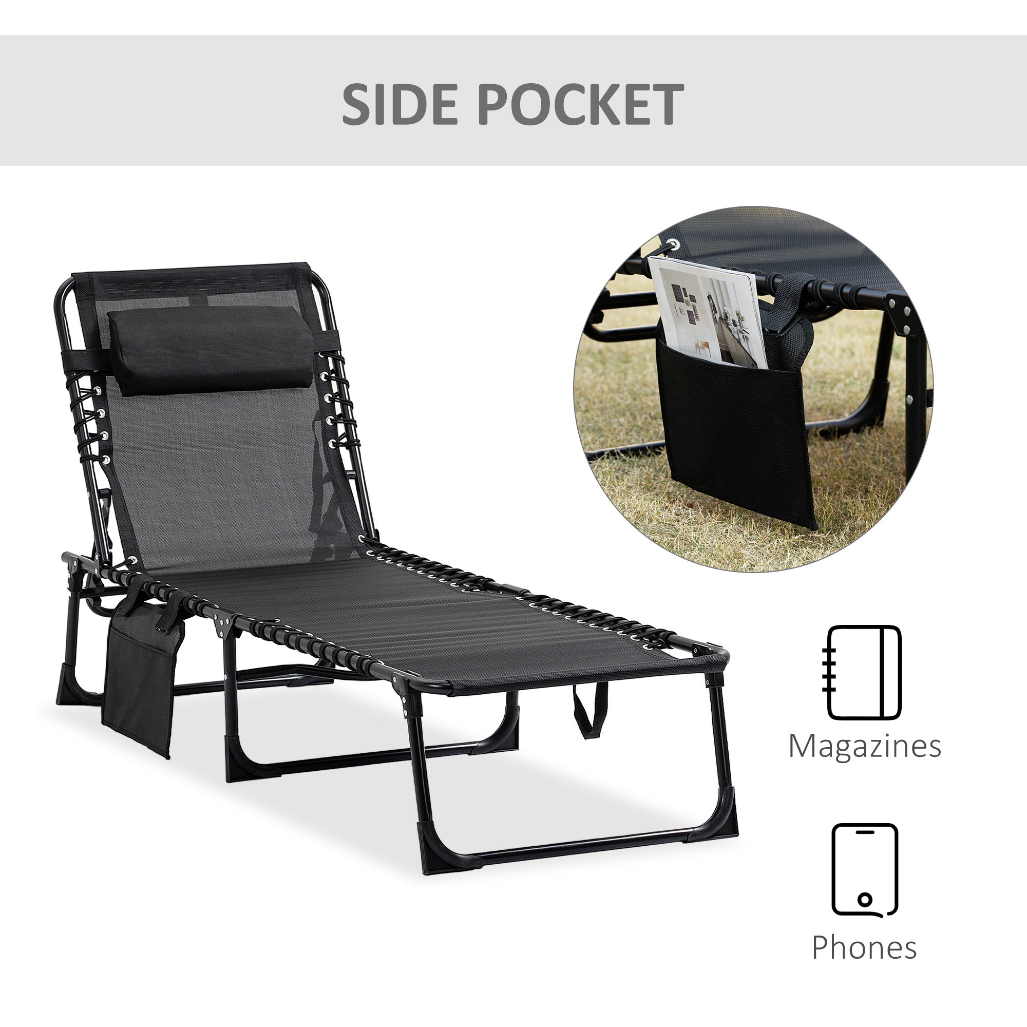 Reclining Chaise Lounge Chair, Portable Sun Lounger, Folding Camping Cot with Adjustable Backrest and Removable Pillow, for Patio, Garden, Beach