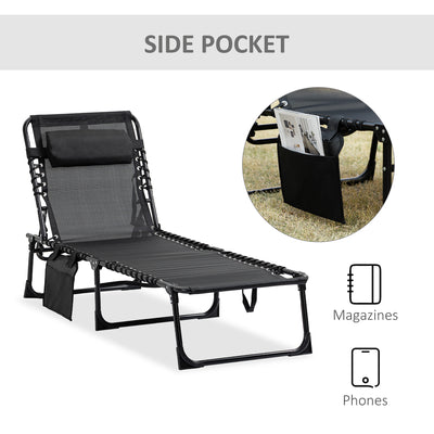 Reclining Chaise Lounge Chair, Portable Sun Lounger, Folding Camping Cot with Adjustable Backrest and Removable Pillow, for Patio, Garden, Beach