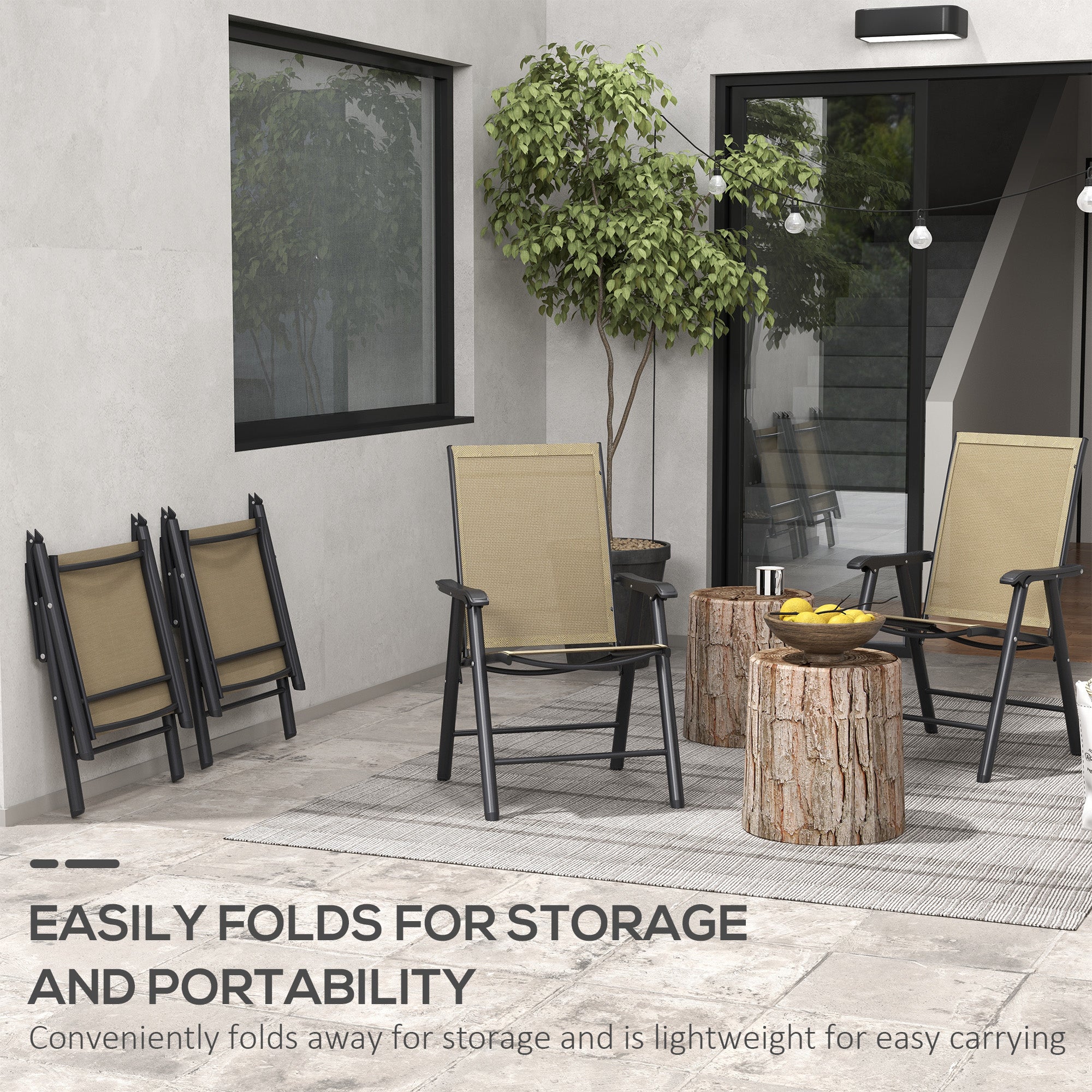 Set of 4 Outdoor Folding Chairs, Stackable Patio Dining Chairs with Armrests, Metal Frame