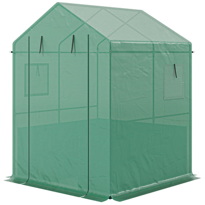 Greenhouse with Raised Garden Bed, Galvanized Steel Outdoor Greenhouse with Roll Up Door, 56" x 56" x 75"