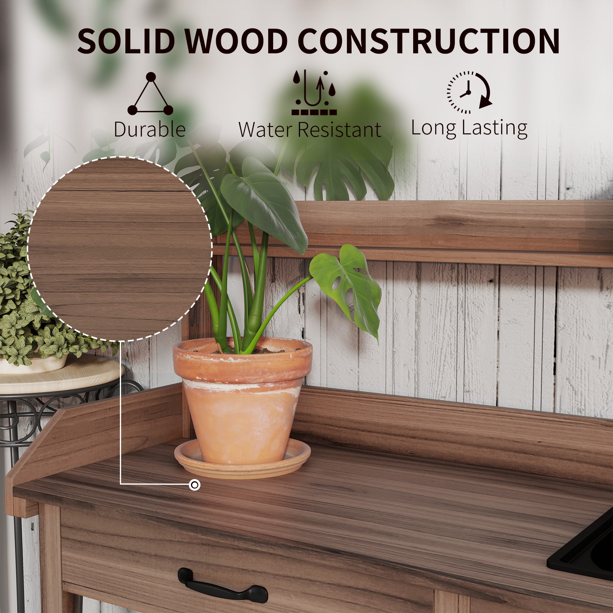 Potting Bench Table, Outdoor Garden Table Wooden Work Station with Removable Sink, Faucet, Drawer, Shelves, Hooks