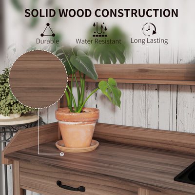 Potting Bench Table, Outdoor Garden Table Wooden Work Station with Removable Sink, Faucet, Drawer, Shelves, Hooks