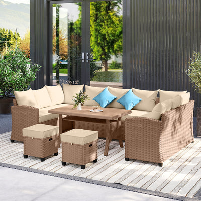 6 Piece Patio Furniture Set, PE Wicker Outdoor Furniture Conversation Set with 3 Sofas, 2 Ottomans and Slatted WPC Top Dining Table, All Weather Sectional Sofa Couch with Pillows, Khaki