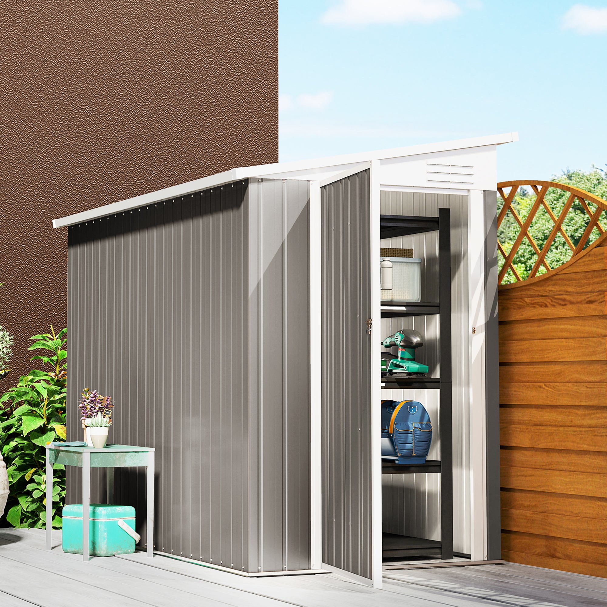4' x 7.7' Lean to Garden Storage Shed, Outdoor Metal Tool House with Lockable Door Vents for Backyard Patio Lawn