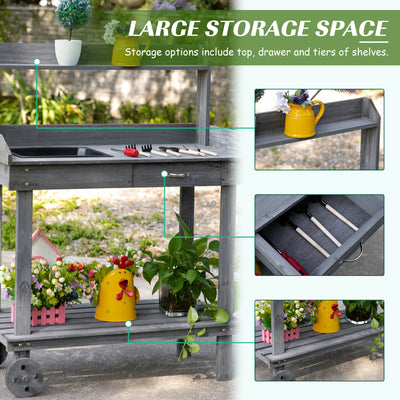 36'' Wooden Potting Bench Work Table with 2 Removable Wheels, Sink, Drawer & Large Storage Spaces