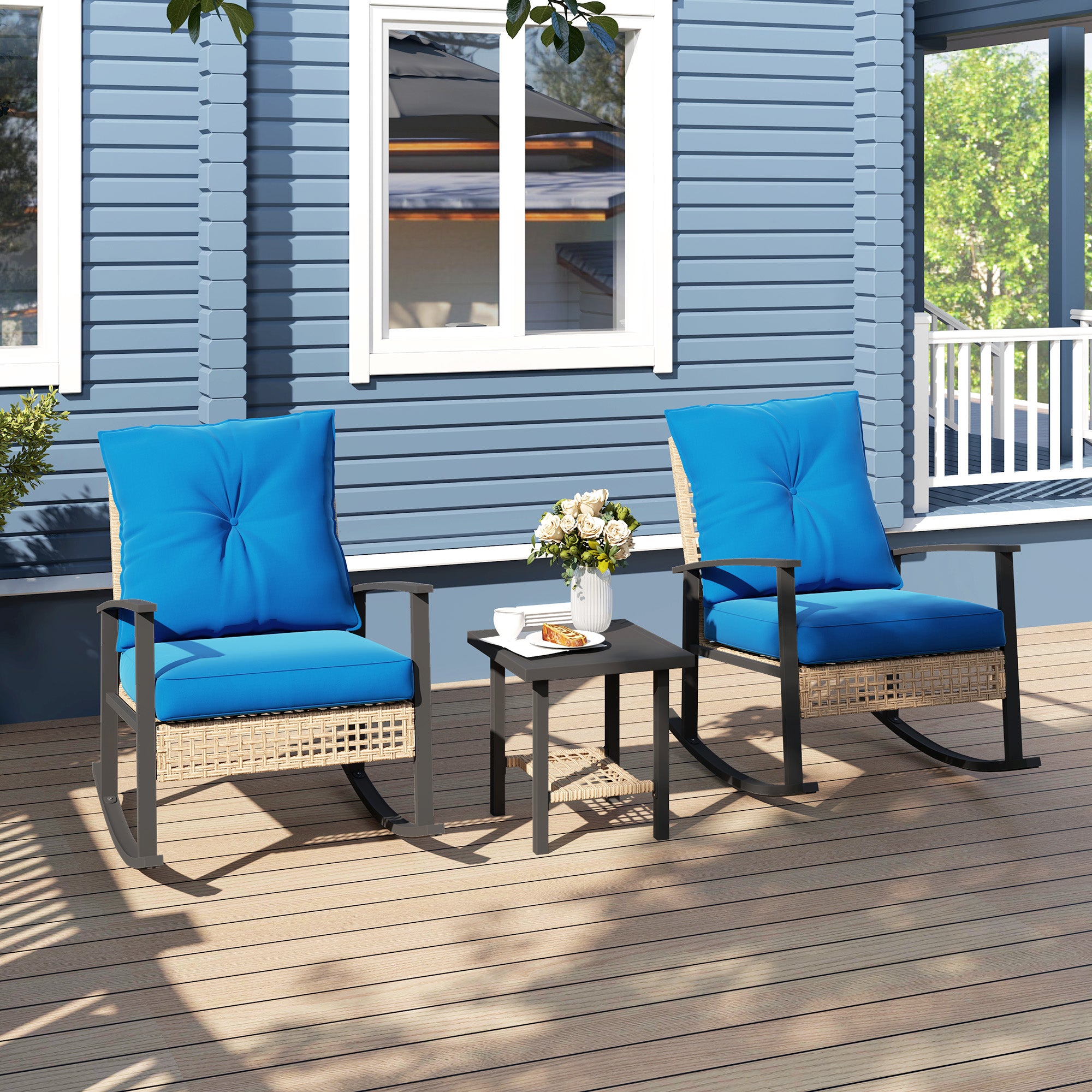 3 Pieces Bistro Set, Patio Wicker Furniture Set with Button Tufted Cushions, Rattan Rocking Chairs, Coffee Table