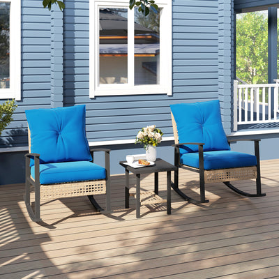 3 Pieces Bistro Set, Patio Wicker Furniture Set with Button Tufted Cushions, Rattan Rocking Chairs, Coffee Table