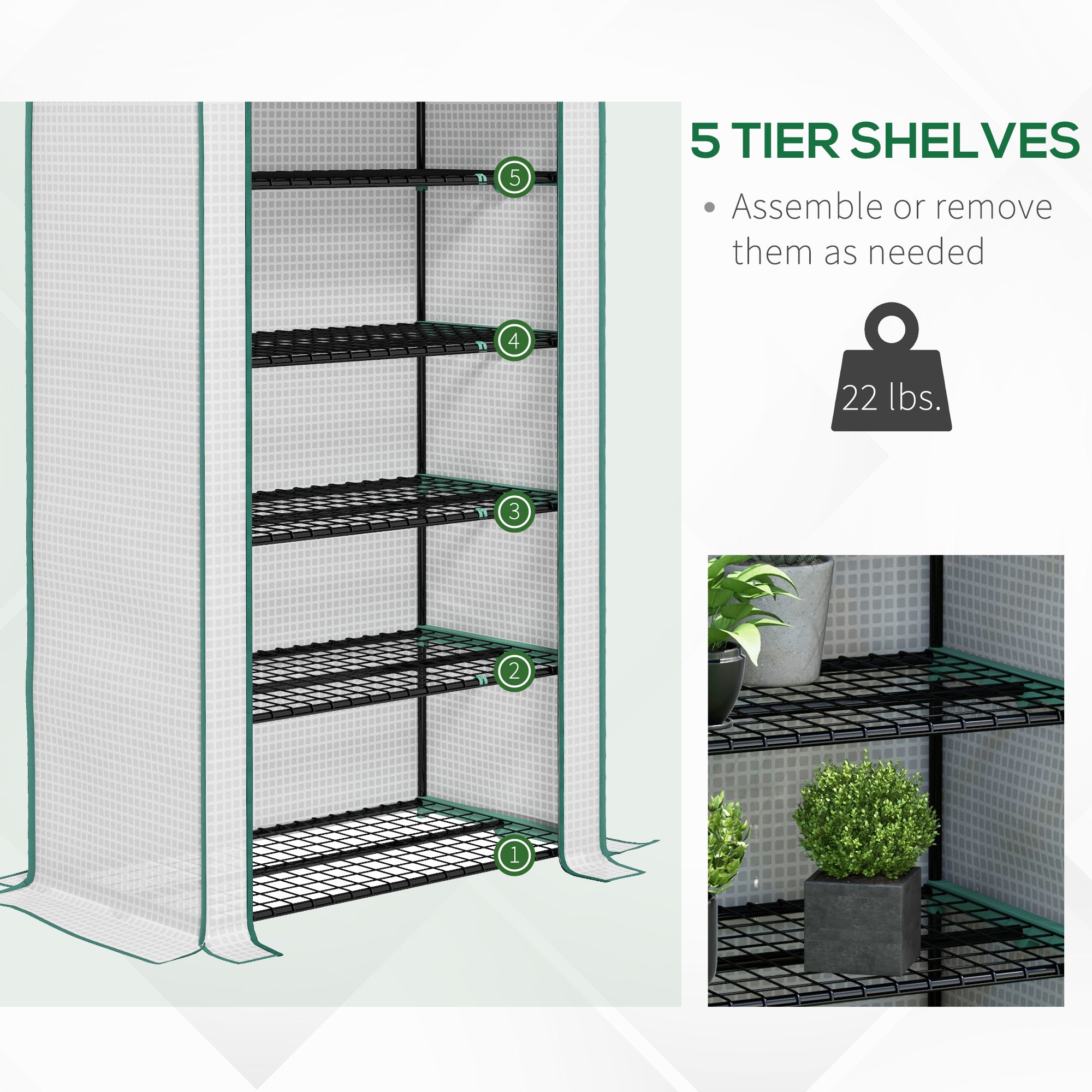5 Tier Mini Greenhouse, Small Portable Greenhouse with PE Cover, Roll-Up Zippered Door, 76" x 35.4" x 19.3", Green