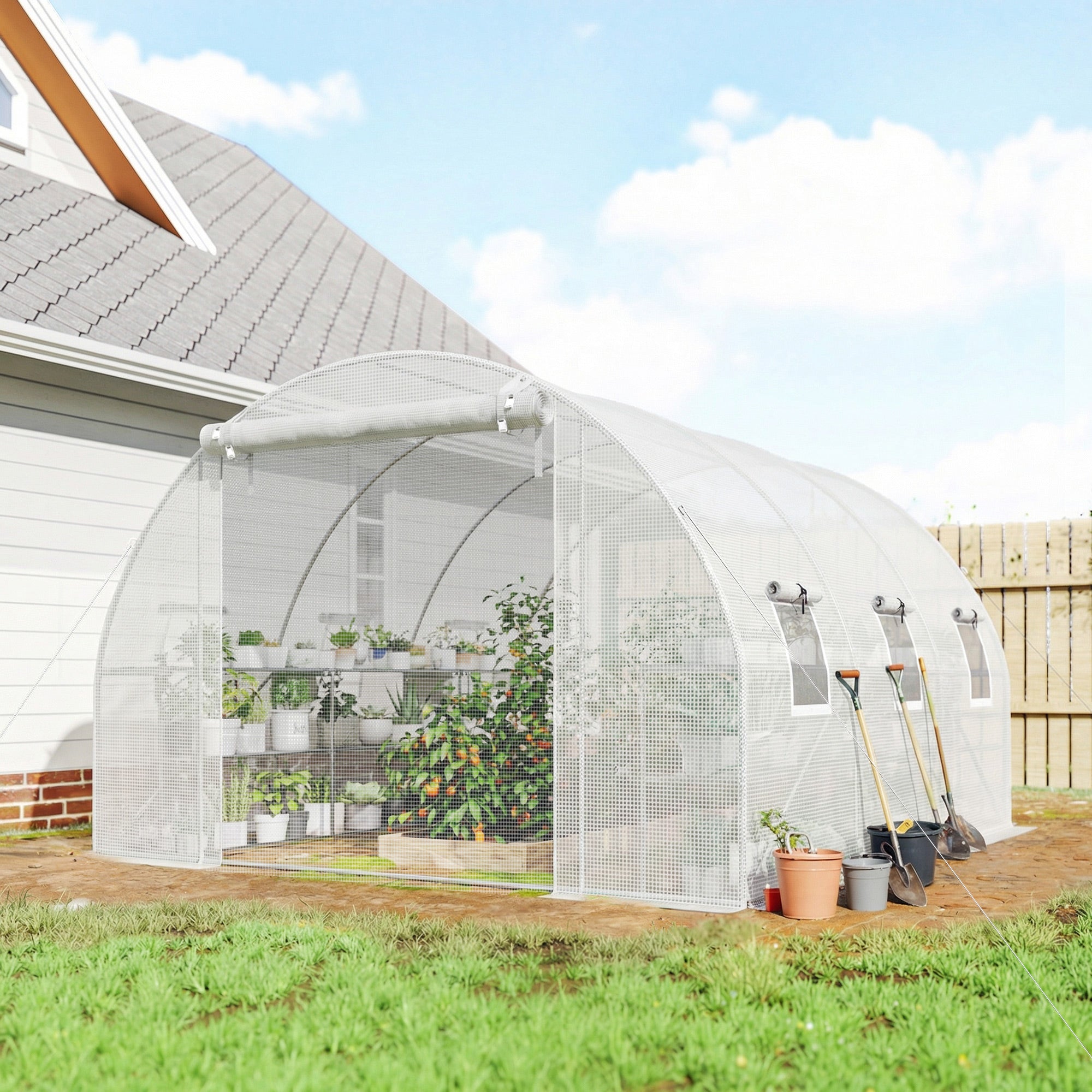 10'x11'x6' Walk-in Tunnel Greenhouse with Shelves, Mesh Door and Windows, Hoop House Greenhouse with PE Cover