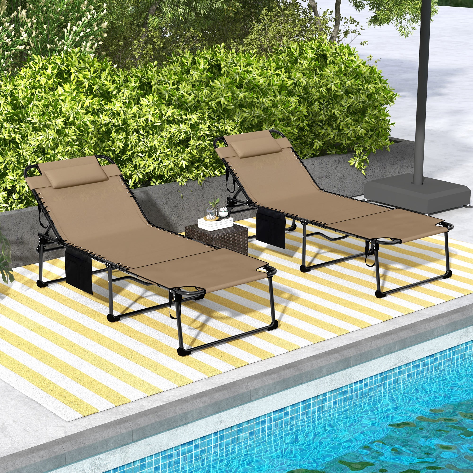 2 Piece Folding Chaise Lounge Pool Chairs with 5-level Reclining Back, Reading Hole, Side Pocket