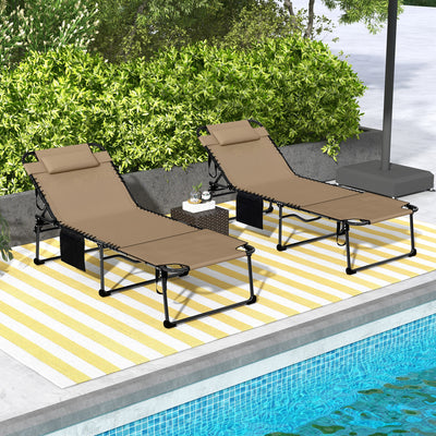 2 Piece Folding Chaise Lounge Pool Chairs with 5-level Reclining Back, Reading Hole, Side Pocket