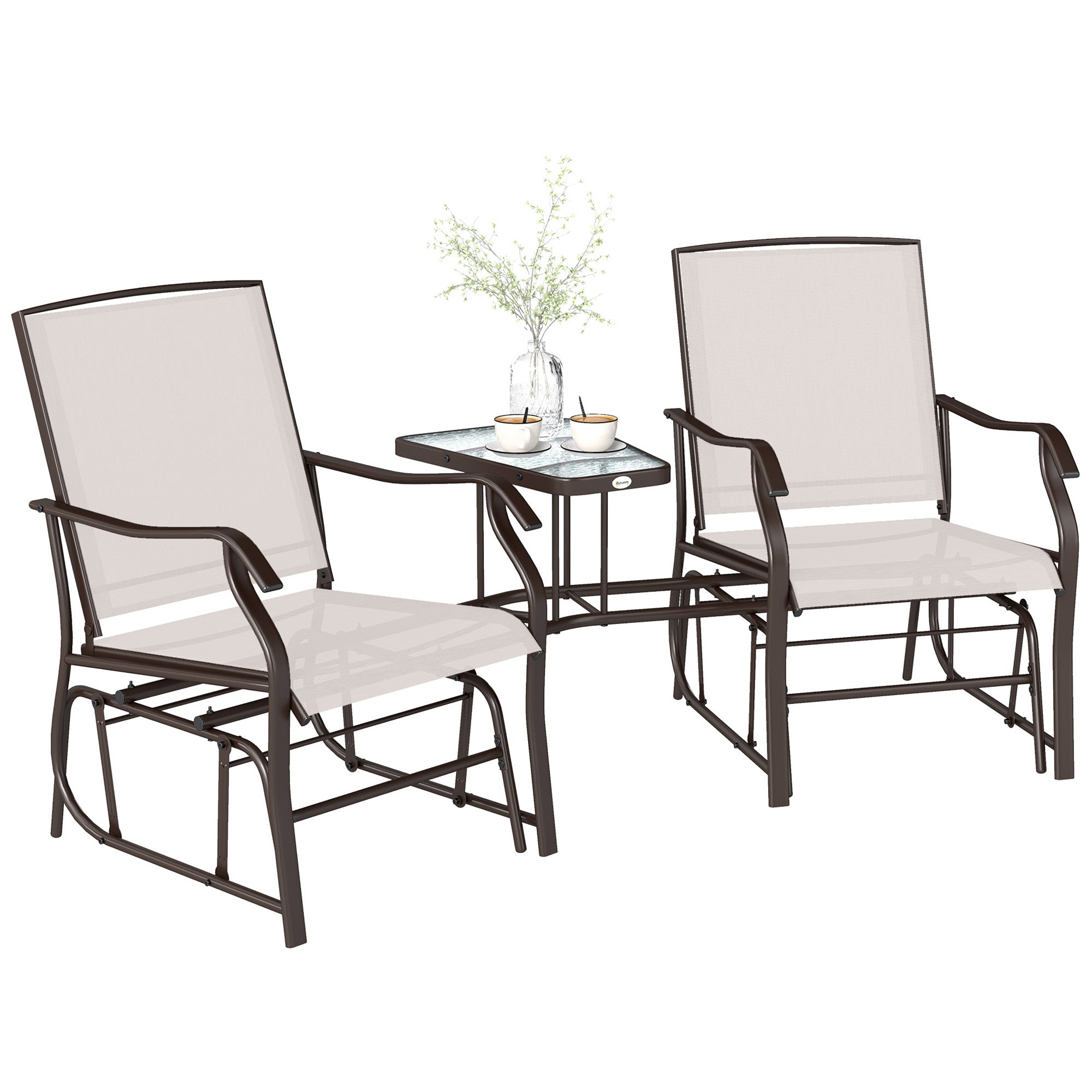 Outdoor Glider Chairs with Coffee Table, Patio 2-Seat Rocking Chair Swing Loveseat with Breathable Sling for Backyard, Garden, and Porch