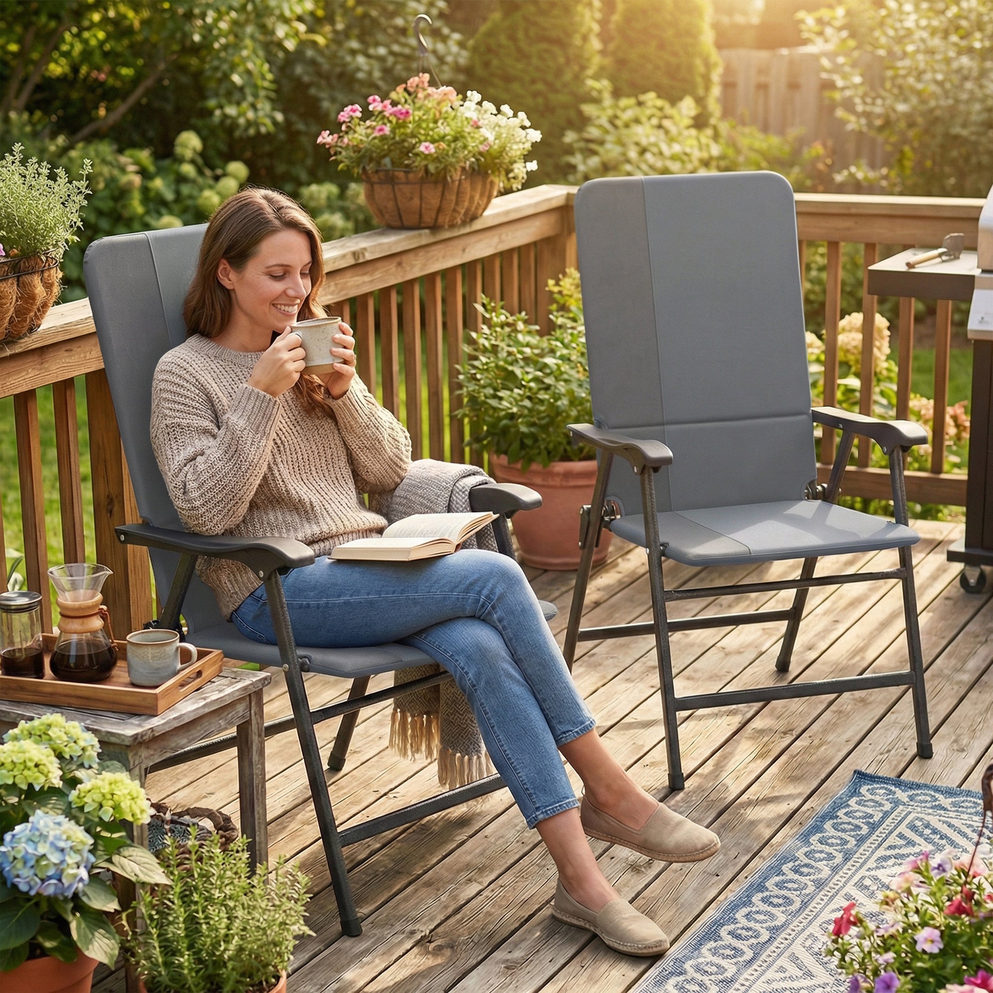 Folding Patio Chairs Set of 2, Padded High Back Lawn Camping Chairs with Armrests, 600D Oxford Fabric