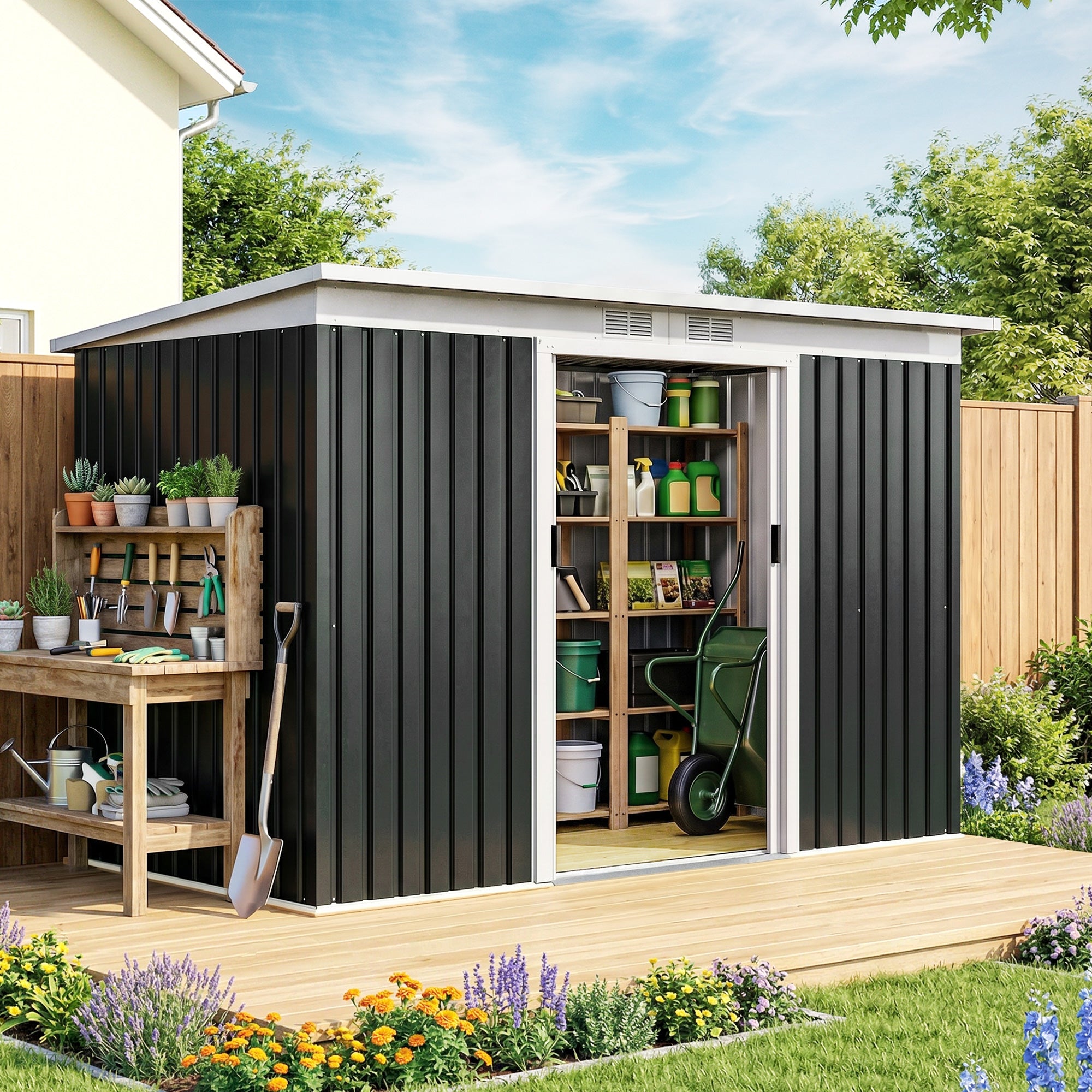 9' x 4' Metal Outdoor Storage Shed, Tool House with Double Lockable Doors for Backyard, Patio, Lawn, Garage