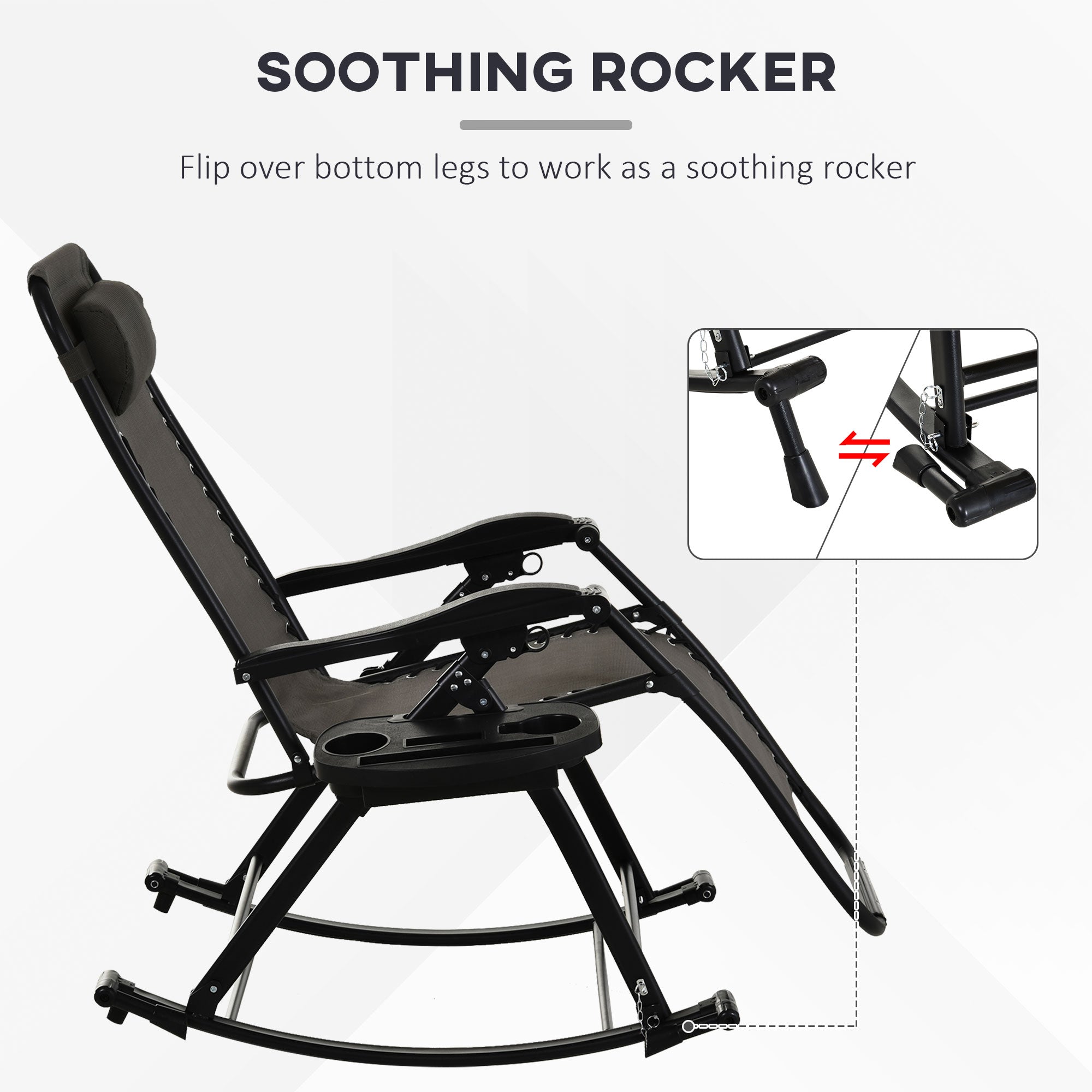 Outdoor Rocking Chairs, Foldable Reclining Zero Gravity Lounge Rocker with Pillow, Cup & Phone Holder, Combo Design with Folding Legs