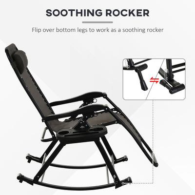 Outdoor Rocking Chairs, Foldable Reclining Zero Gravity Lounge Rocker with Pillow, Cup & Phone Holder, Combo Design with Folding Legs
