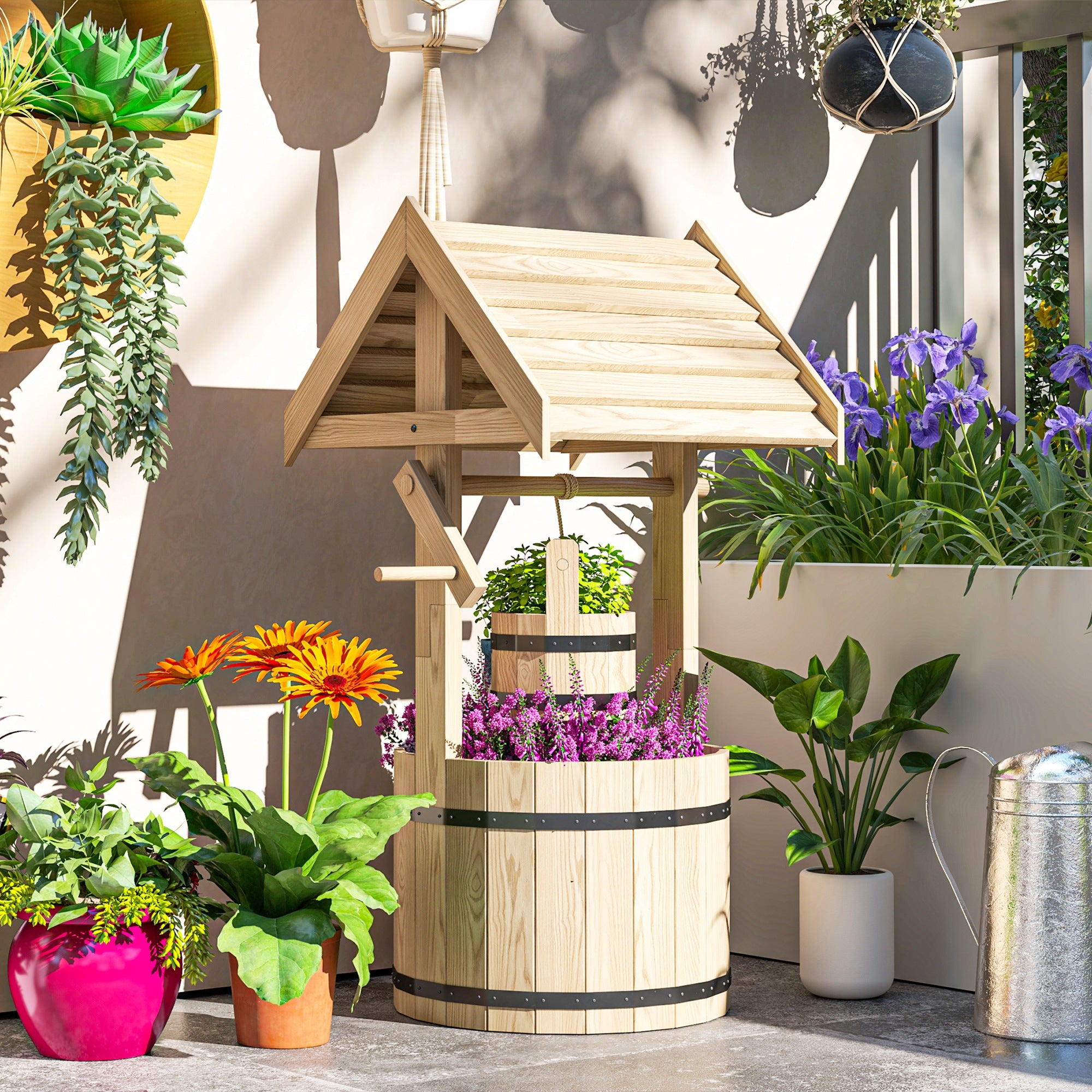Wood Wishing Well for Outside with Hanging Bucket, Wishing Well Planter with Drain Hole for Garden Patio