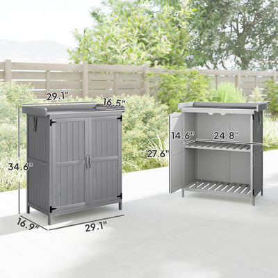 Outdoor Storage Cabinet, Garden Tool Shed with Metal Tabletop and Shelf, Wooden Potting Bench with 2 Doors