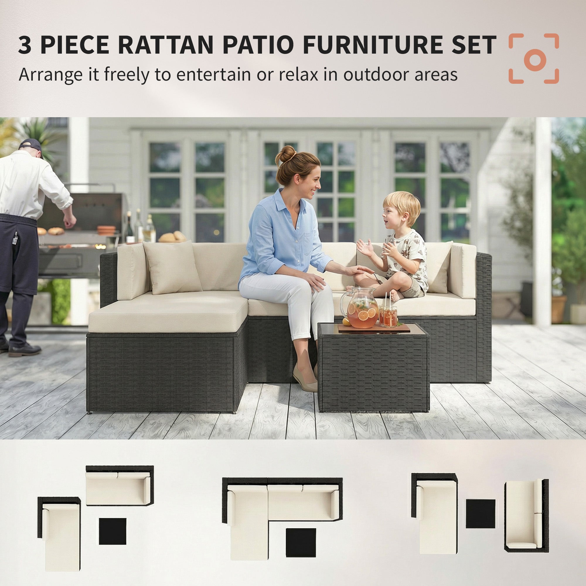 3 Piece Patio Furniture Set, Wicker Outdoor Patio Conversation Furniture Set with Cushions, Glass Top Table