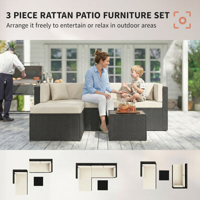 3 Piece Patio Furniture Set, Wicker Outdoor Patio Conversation Furniture Set with Cushions, Glass Top Table
