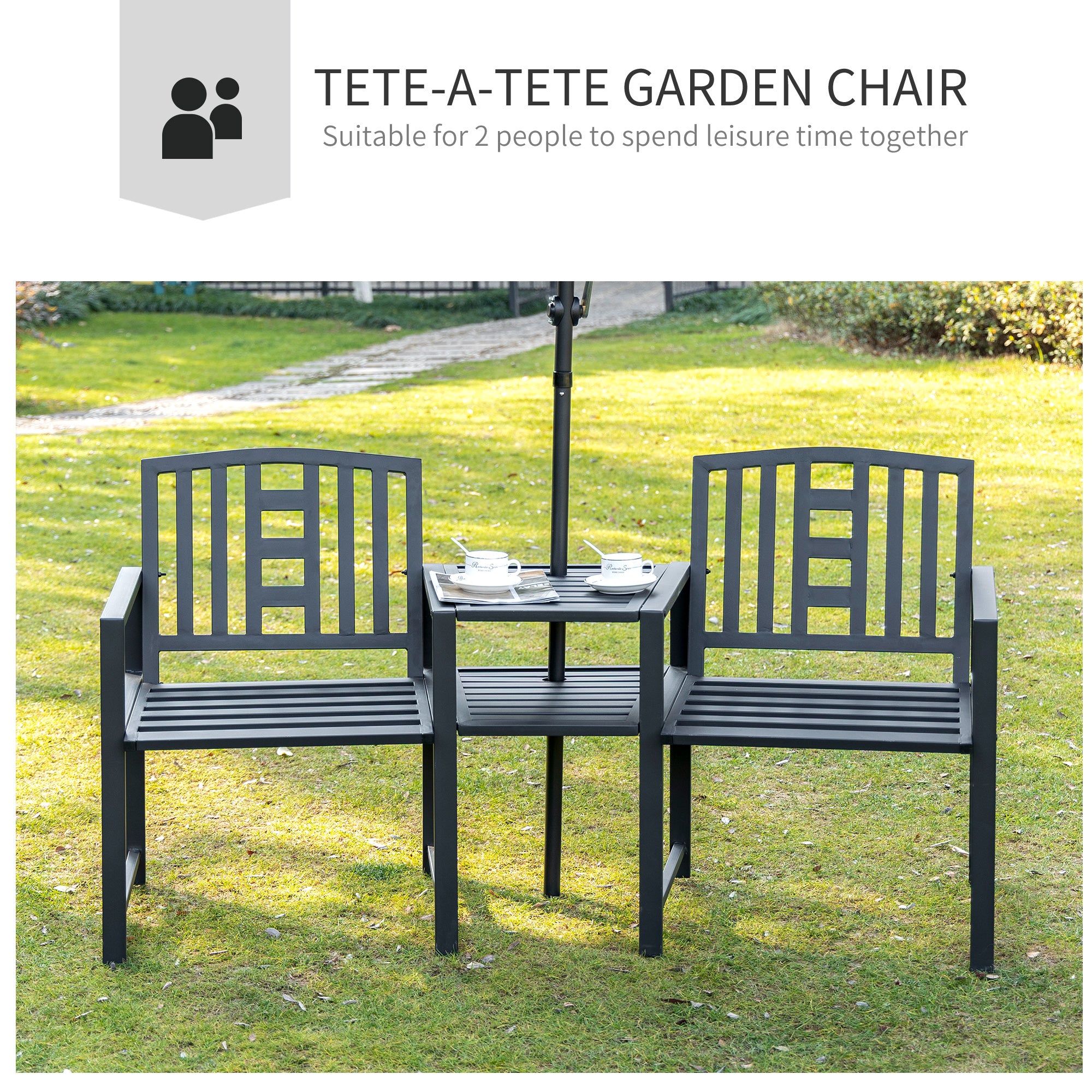 Metal Garden Bench with Middle Table and Umbrella Hole, 2-in-1 Double Patio Chairs, Outdoor 2-person Tete-a-Tete, Slatted, Black