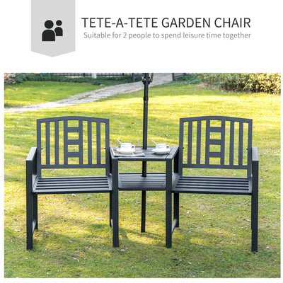 Metal Garden Bench with Middle Table and Umbrella Hole, 2-in-1 Double Patio Chairs, Outdoor 2-person Tete-a-Tete, Slatted, Black