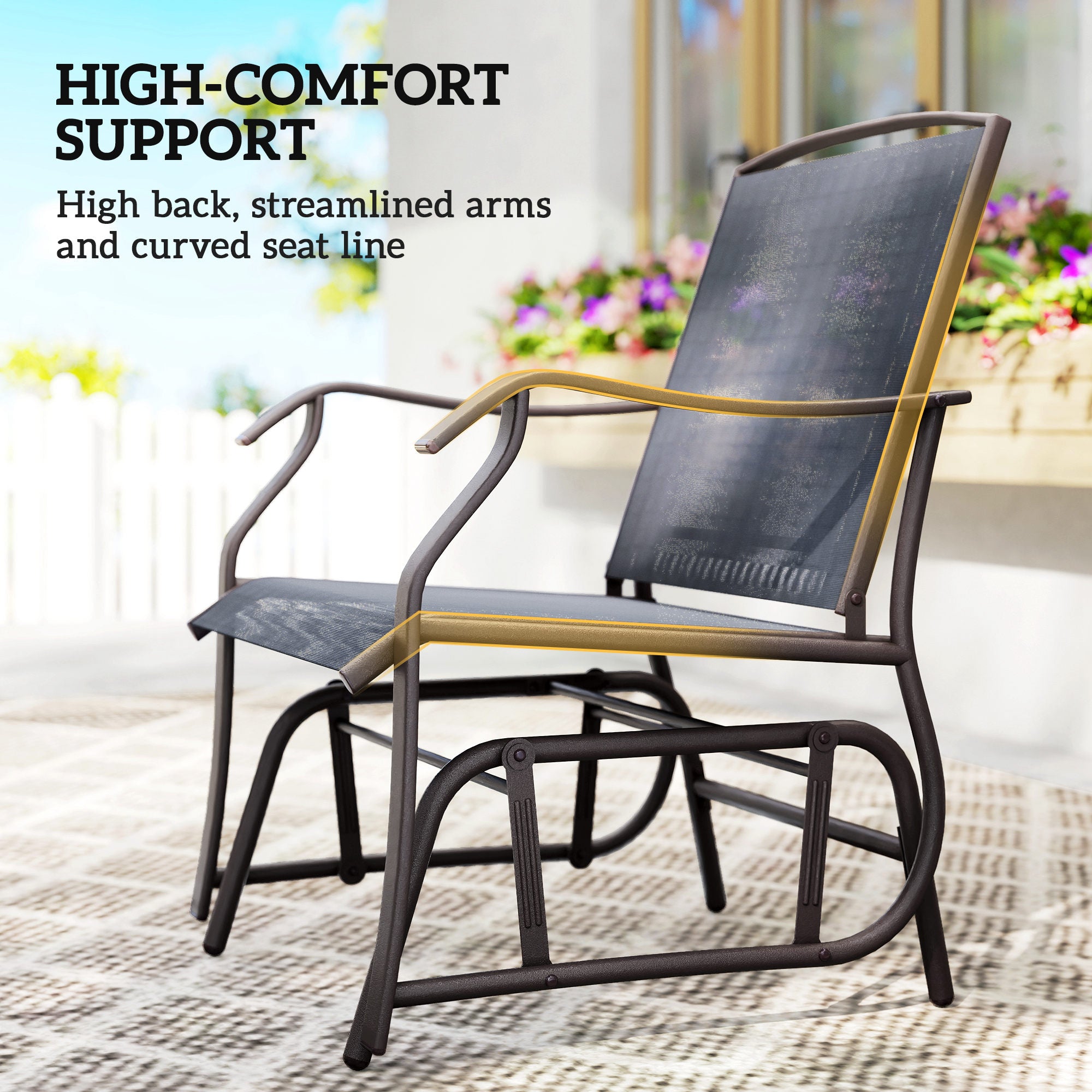 3 Piece Outdoor Glider Chair with Coffee Table Bistro Set, 2 Patio Rocking Swing Chairs with Breathable Sling Fabric, Glass Tabletop, for Backyard, Garden and Porch, Gray