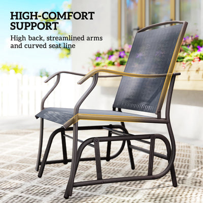 3 Piece Outdoor Glider Chair with Coffee Table Bistro Set, 2 Patio Rocking Swing Chairs with Breathable Sling Fabric, Glass Tabletop, for Backyard, Garden and Porch, Gray