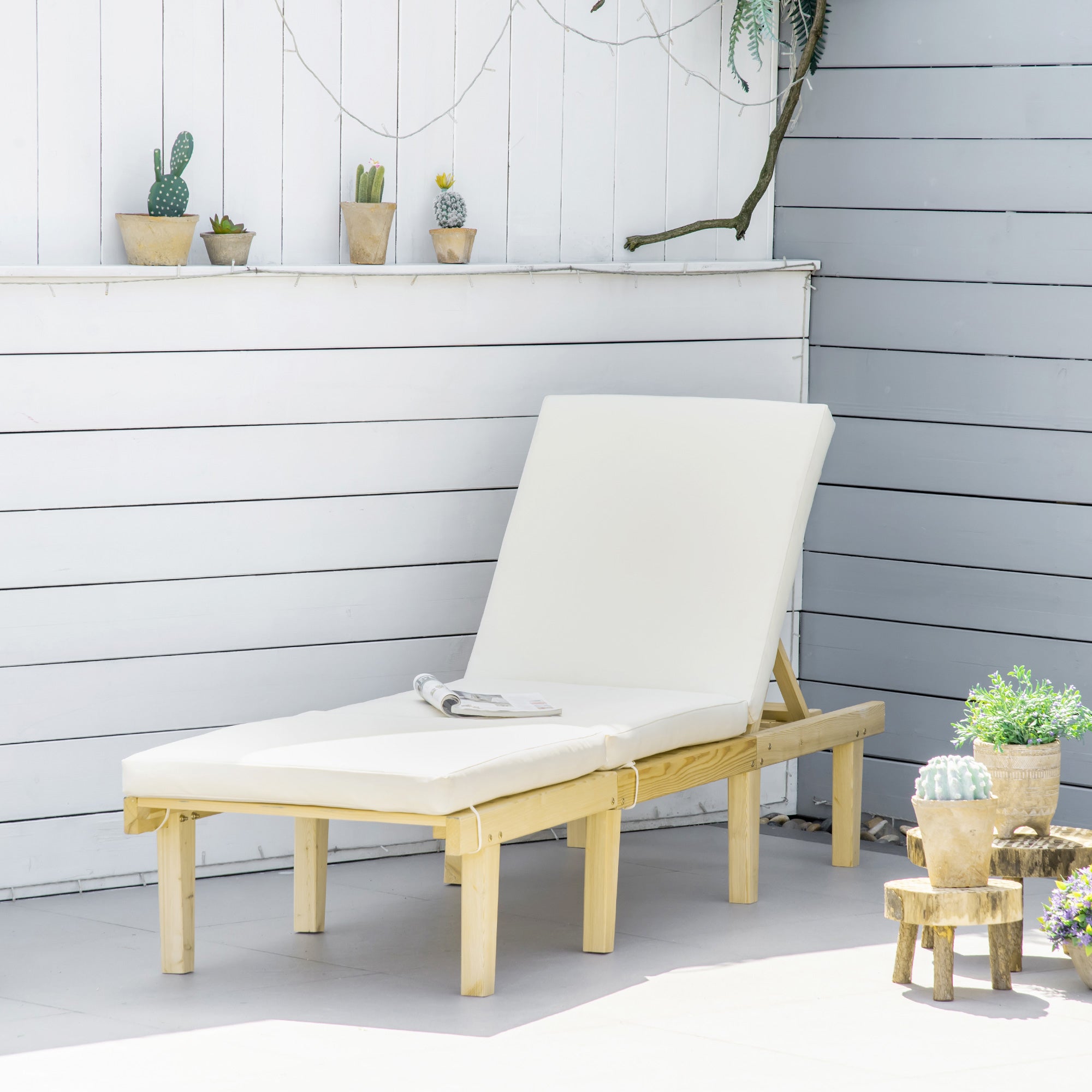 Chaise Lounge Chair Patio Recliner with 4-Position Adjustable Backrest & Cushion, Natural