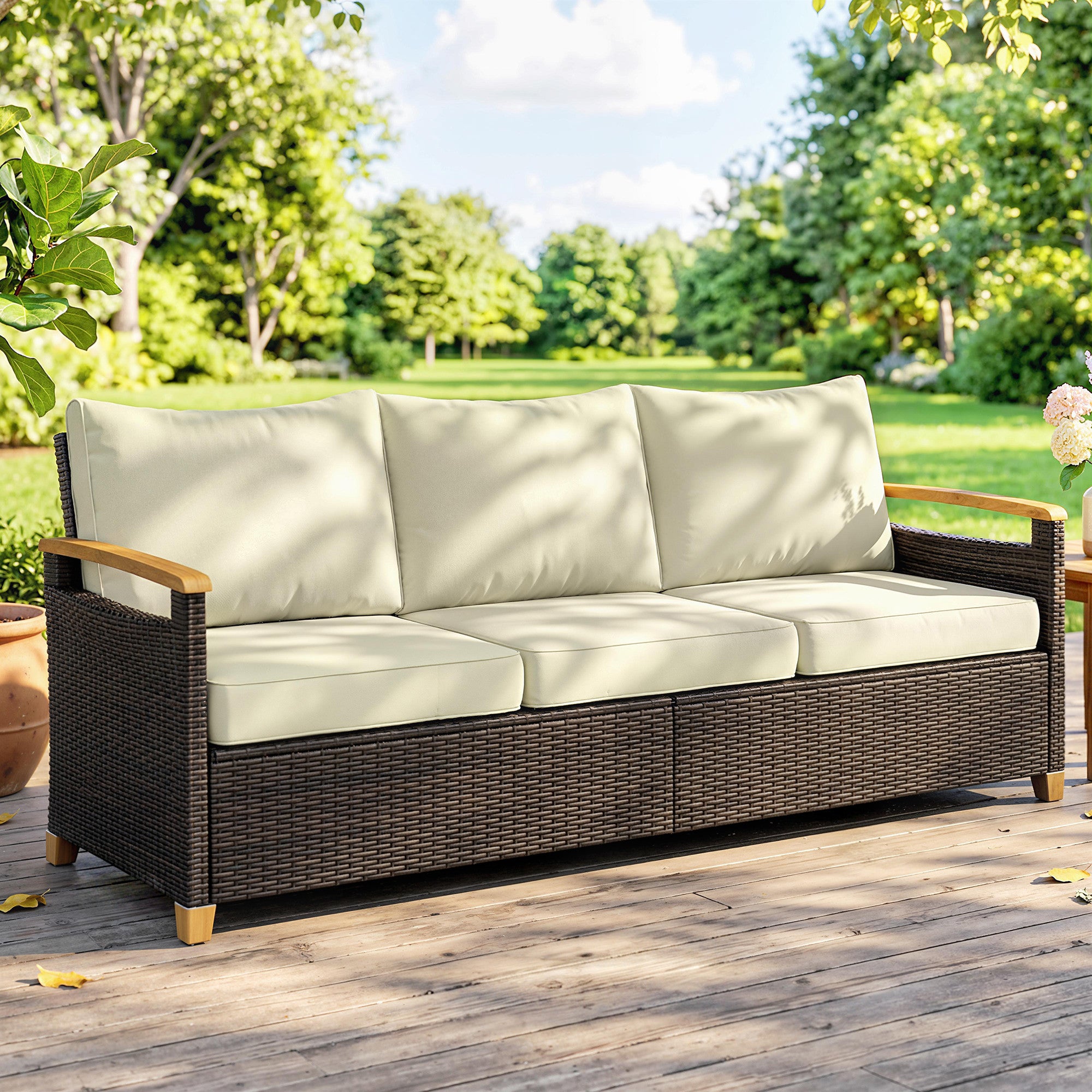 3 Seater Outdoor Couch Sofa, PE Wicker Patio Sofa, Wide Deep Seat, 4" Cushions, Wood-Effect Armrests Legs