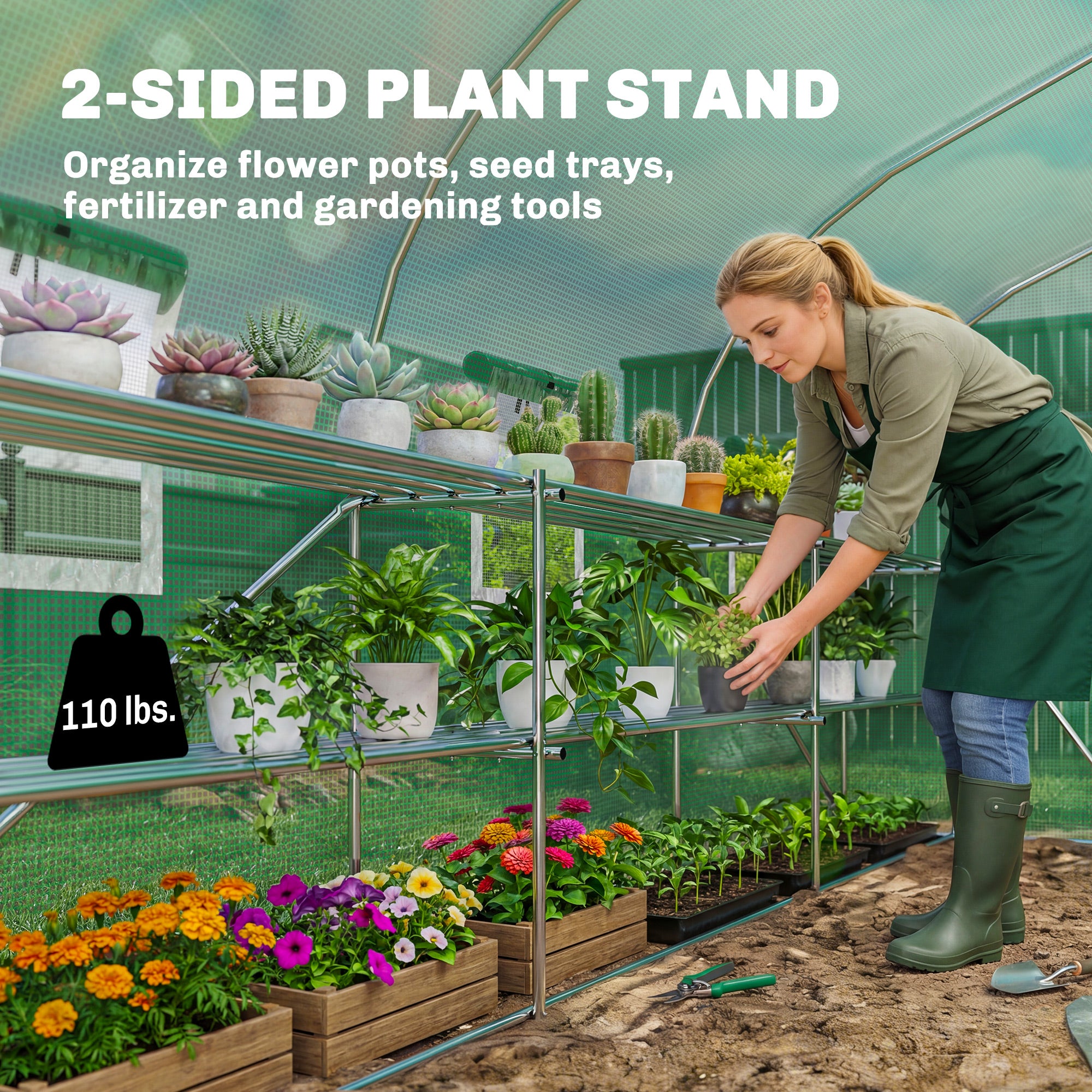 10'x11'x6' Walk-in Tunnel Greenhouse with Shelves, Mesh Door and Windows, Plant Hot House with PE Cover