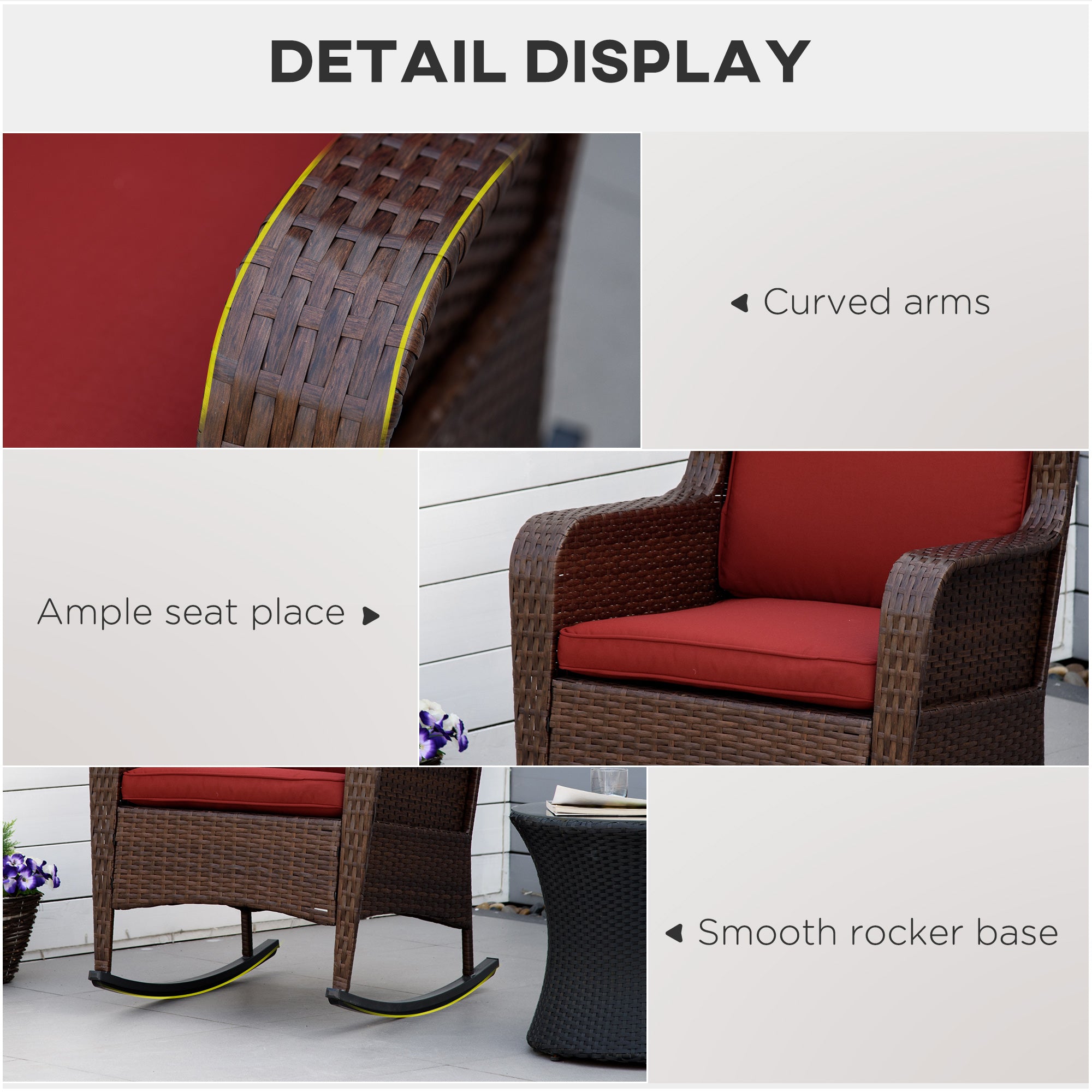 Outdoor Wicker Rocking Chair, Rattan Rocker with Cushions, Steel Frame for Patio, Garden, Backyard, Wine Red