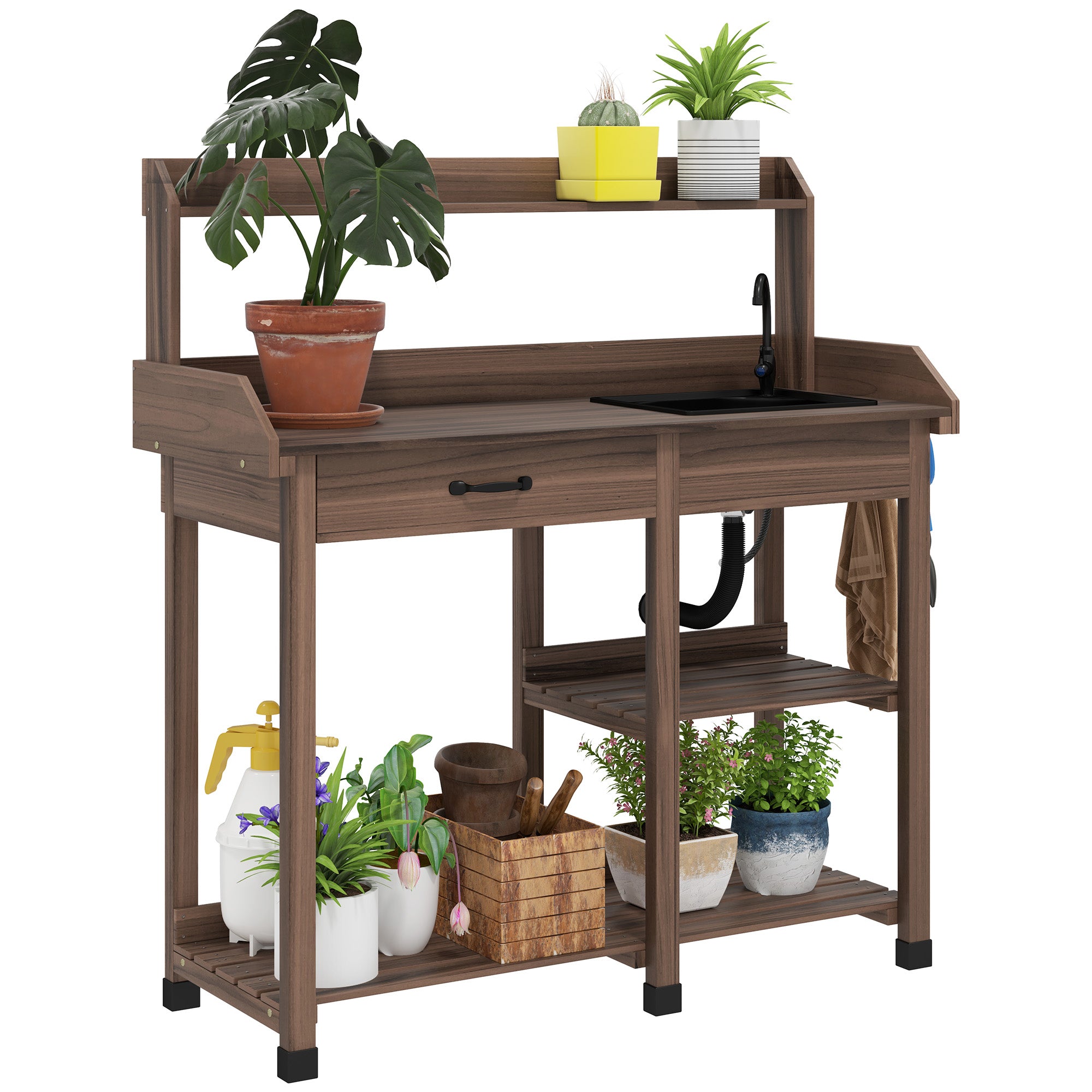 Potting Bench Table, Outdoor Garden Table Wooden Work Station with Removable Sink, Faucet, Drawer, Shelves, Hooks