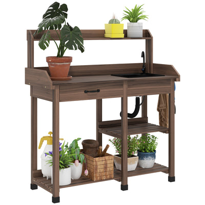 Potting Bench Table, Outdoor Garden Table Wooden Work Station with Removable Sink, Faucet, Drawer, Shelves, Hooks