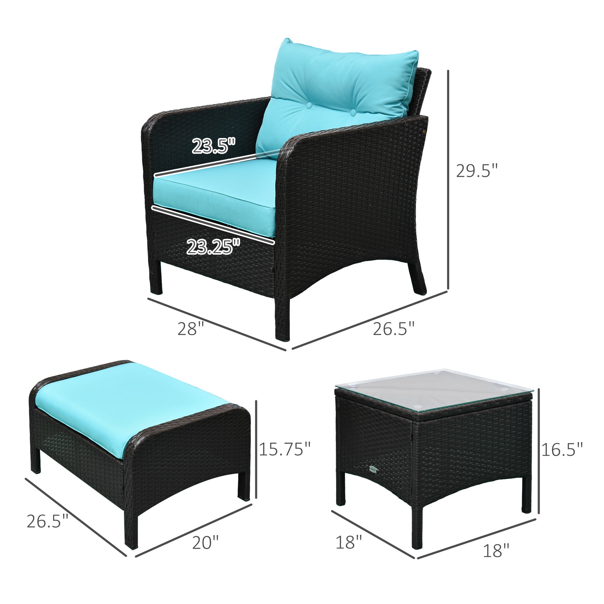5 Pieces Rattan Wicker Lounge Chair Outdoor Patio Conversation Set with 2 Cushioned Chairs, 2 Ottomans and Tempered Glass Top Coffee Table