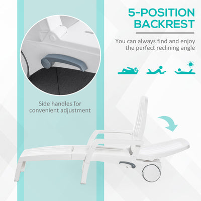Outdoor Chaise Lounge Chair on Wheels with Storage Box, Waterproof Lounger with Quick Assembly, Folding Design, 5 Level Adjustable Backrest for Pool, Beach, Patio, Garden, White